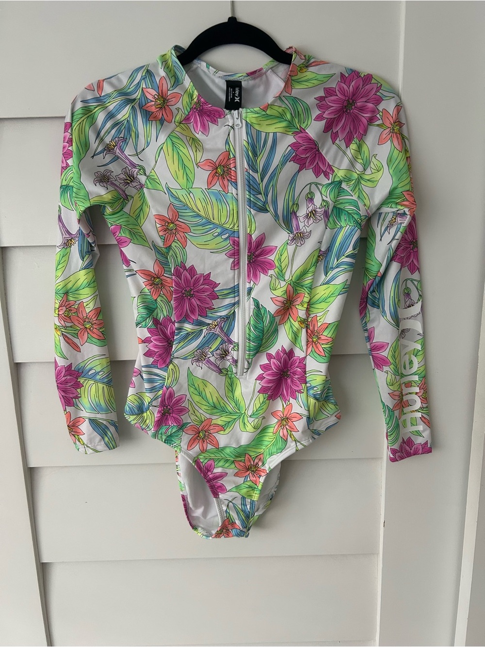 Hurley White Floral Long-Sleeve Front Zip Women’s Swimsuit